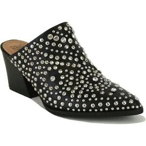 NWOB Beast Fashion Studded Mule Western Block Heel Point Toe Black Silve…